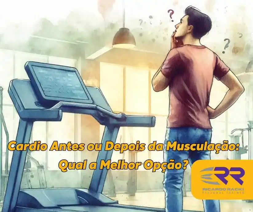 Homem pensativo diante de uma esteira em uma academia moderna, refletindo sobre a melhor escolha entre fazer cardio antes ou depois da musculação. O ambiente de treino sugere a importância da decisão para o desempenho físico.