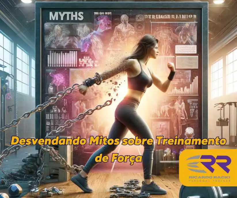 Mulher quebrando correntes enquanto corre para fora de um quadro que representa mitos sobre treinamento de força. A imagem simboliza a superação de crenças erradas e os benefícios da musculação para mulheres.