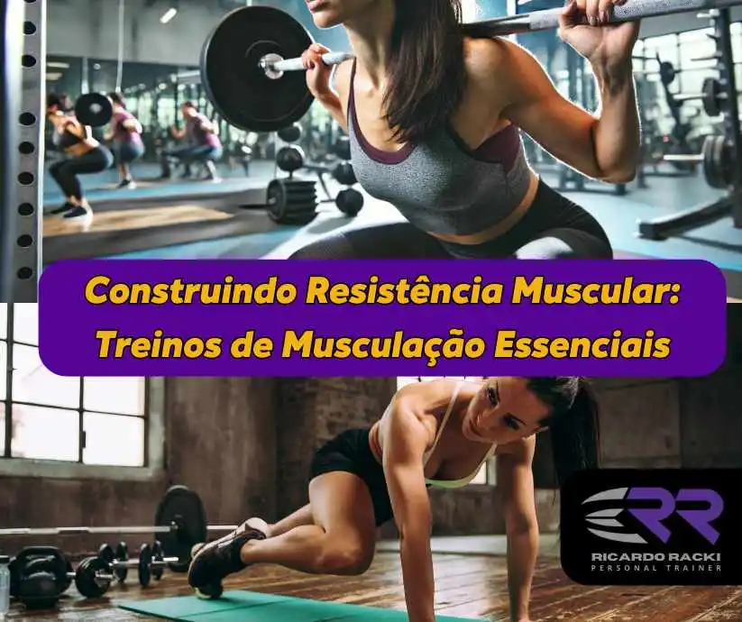 Mulheres treinando musculação em uma academia, executando exercícios como agachamento com barra e flexões, destacando a importância do treino de resistência muscular para força e condicionamento físico.
