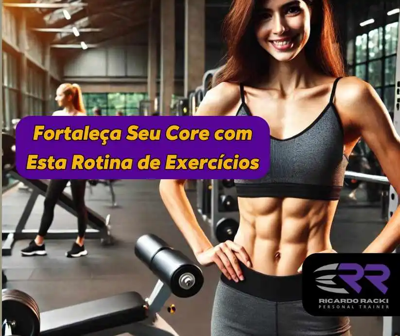 Mulher sorridente com abdômen definido na academia, destacando os benefícios dos exercícios para fortalecimento do core. Ambiente moderno e bem equipado para treinos eficientes.