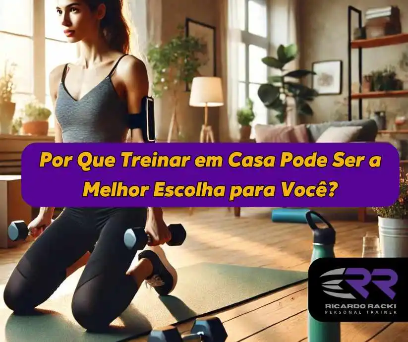 Mulher treinando em casa com halteres, em um ambiente aconchegante, iluminado e bem decorado. Destaque para os benefícios dos treinos caseiros, incluindo praticidade, conforto e flexibilidade.