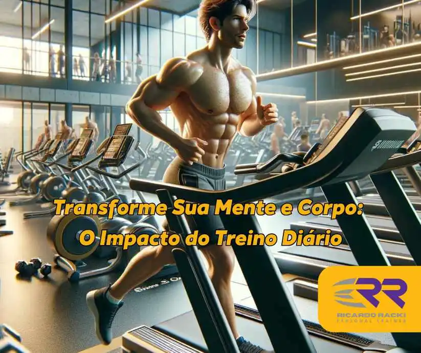 Homem musculoso correndo em uma esteira em academia moderna, destacando os benefícios do treino diário para o corpo e a mente. Iluminação intensa e ambiente dinâmico refletem a energia do exercício