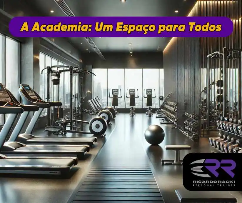 Academia moderna e bem equipada com esteiras, pesos livres e máquinas de musculação, representando um ambiente inclusivo e acessível para todos os níveis de condicionamento físico.