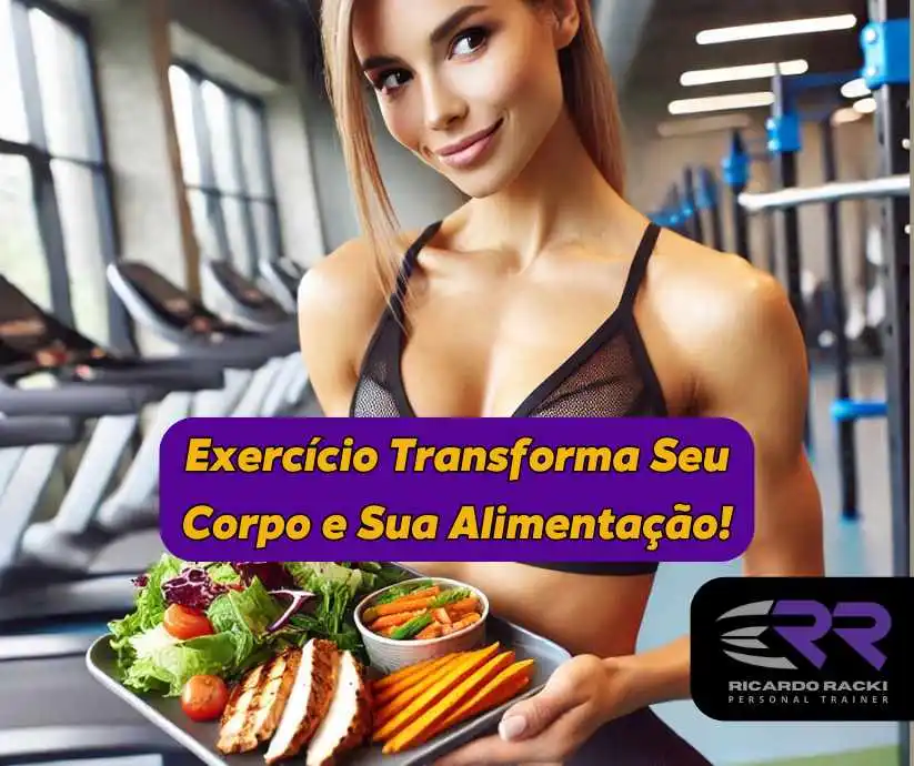 Mulher fitness segurando um prato de comida saudável em uma academia, representando a relação entre exercício físico e alimentação equilibrada. A imagem destaca o impacto do treino na escolha alimentar.