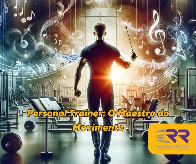 Imagem conceitual de um Personal Trainer atuando como maestro em uma academia, com notas musicais representando a precisão e a arte do treinamento personalizado.