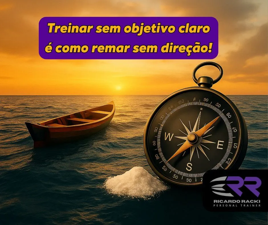 Imagem de um barco vazio à deriva no oceano durante o pôr do sol, com uma bússola em destaque sobre a água, simbolizando a importância de ter direção clara nos treinos e na vida fitness.