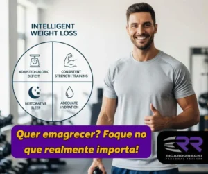 Homem sorridente na academia, vestindo camiseta cinza, segurando garrafa e fazendo sinal de positivo, ao lado de gráfico com quatro pilares do emagrecimento inteligente: déficit calórico ajustado, treino de força consistente, sono reparador e hidratação adequada.