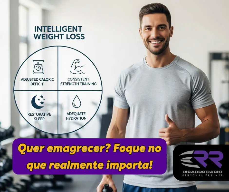 Homem sorridente na academia, vestindo camiseta cinza, segurando garrafa e fazendo sinal de positivo, ao lado de gráfico com quatro pilares do emagrecimento inteligente: déficit calórico ajustado, treino de força consistente, sono reparador e hidratação adequada.